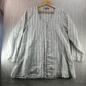 Flax Long Tunic Shirt Womens Small Multicolor Stripe 100%‎ Linen Button